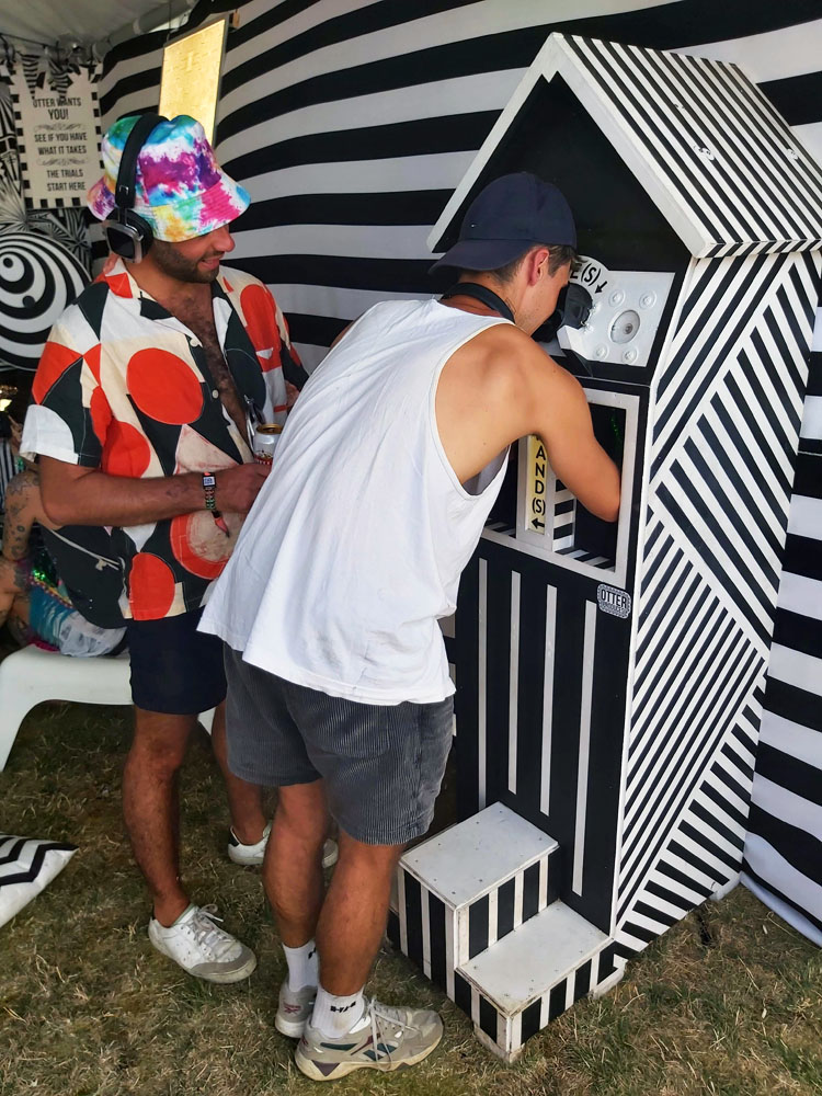 A man looking inside Love Matrix installation