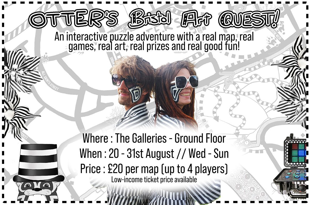 A poster for OTTERs Bristol Art Quest. An interactive cross city interactive art quest with a scavenger hunt treasure map
