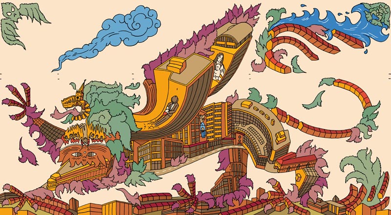 Artist, Andy Council's Lion mural from the arches of St. John on the Wall church